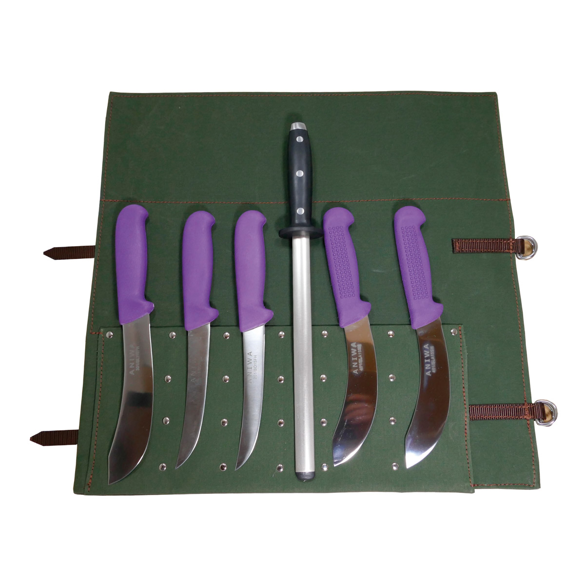 Butchering Kit, SS Aniwa Brand Knives and Oval Steel in canvas roll, 5 Knife Kit 1