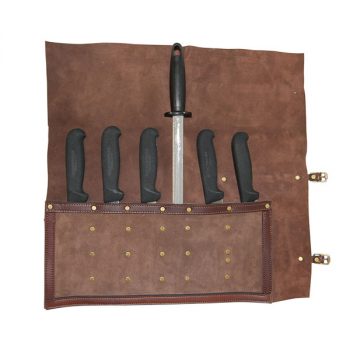 Roll Pouch, soft leather, pictured with 5 Butchers Knives and Steel