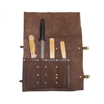 Roll Pouch, soft leather, pictured with 3 Butchers Knives and Steel