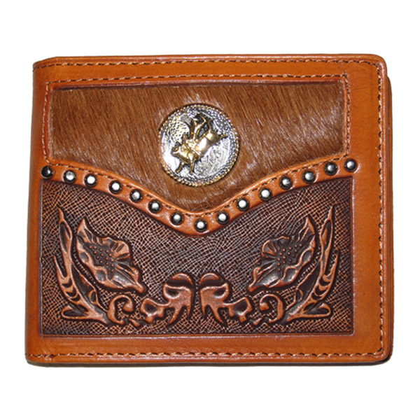 Wallet, Solid Leather, Short Style, Bi-fold, Bull Rider Concho