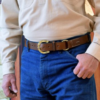 1 1/2" (38mm) Stockmans Belt, Solid Leather, with Brass Horseshoe Buckle and Ring - Worn
