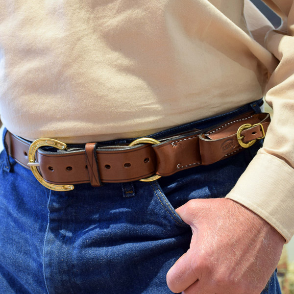 1 1/2" (38mm) Stockmans Belt, Solid Leather, with Brass Horseshoe Buckle and Ring and Pouch for Pocket Knife - Worn -Closeup