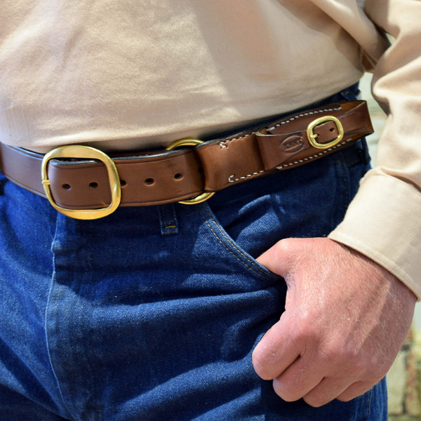 1 1/2" (38mm) Stockmans Belt, Solid Leather, with Brass Swage Buckle, Ring and Pouch for Pocket Knife - Worn - Closeup