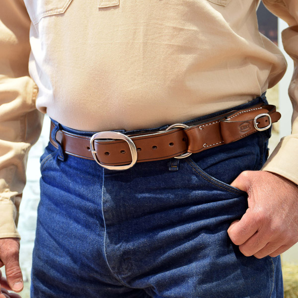 1 1/2" (38mm) Stockmans Belt, Solid Leather, with SS Swage Buckle, Ring and Pouch for Pocket Knife - Worn - Closeup