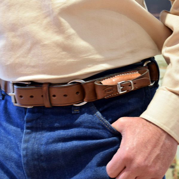 1 1/2" (38mm) Stockmans Hobble Style Belt, Solid Leather, 2 Rings, SS Roller Buckle and Pouch for Knife - Worn - Closeup