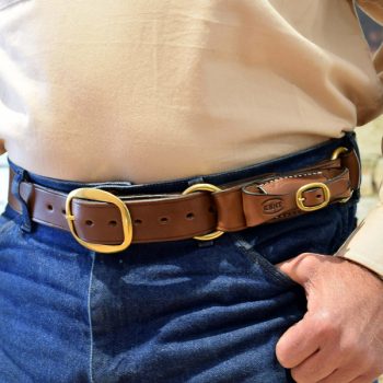 1 1/2" (38mm) Stockmans Hobble Style Belt, Solid Leather, 2 Rings, Brass Swage Buckle and Pouch for Knife - Worn - Closeup