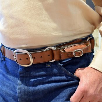 1 1/2" (38mm) Stockmans Hobble Style Belt, Solid Leather, 2 Rings, SS Swage Buckle and Pouch for Knife - Worn - Closeup