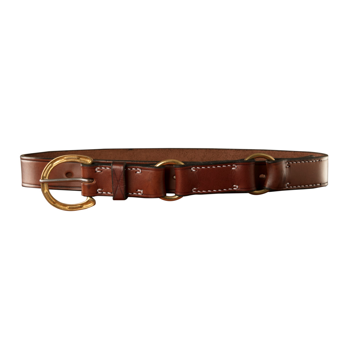 Stockmans Hobble Style Belt, Solid Leather, Brass Horseshoe Buckle and 2 Rings 1